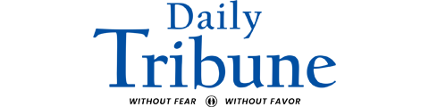 Logo of Daily Tribune with blue text on a white background